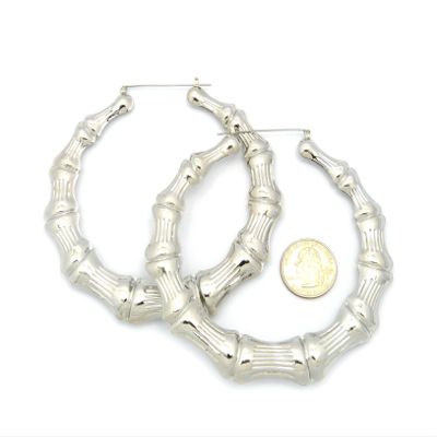 Classic Bamboo 4" Hoop Door Knocker Earrings, Silver-Tone