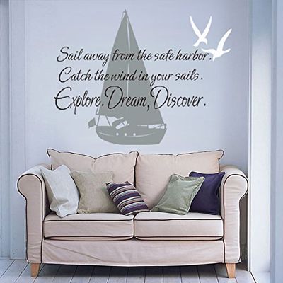 Sail Boat And Sea Gulls Wall Decal Mark Twain QuotesSail Away From The Safe Harbor,Explore,Dream,Discover B(Medium)