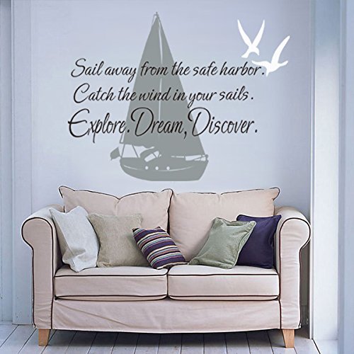 Sail Boat And Sea Gulls Wall Decal Mark Twain QuotesSail Away From The Safe Harbor,Explore,Dream,Discover B(Medium)