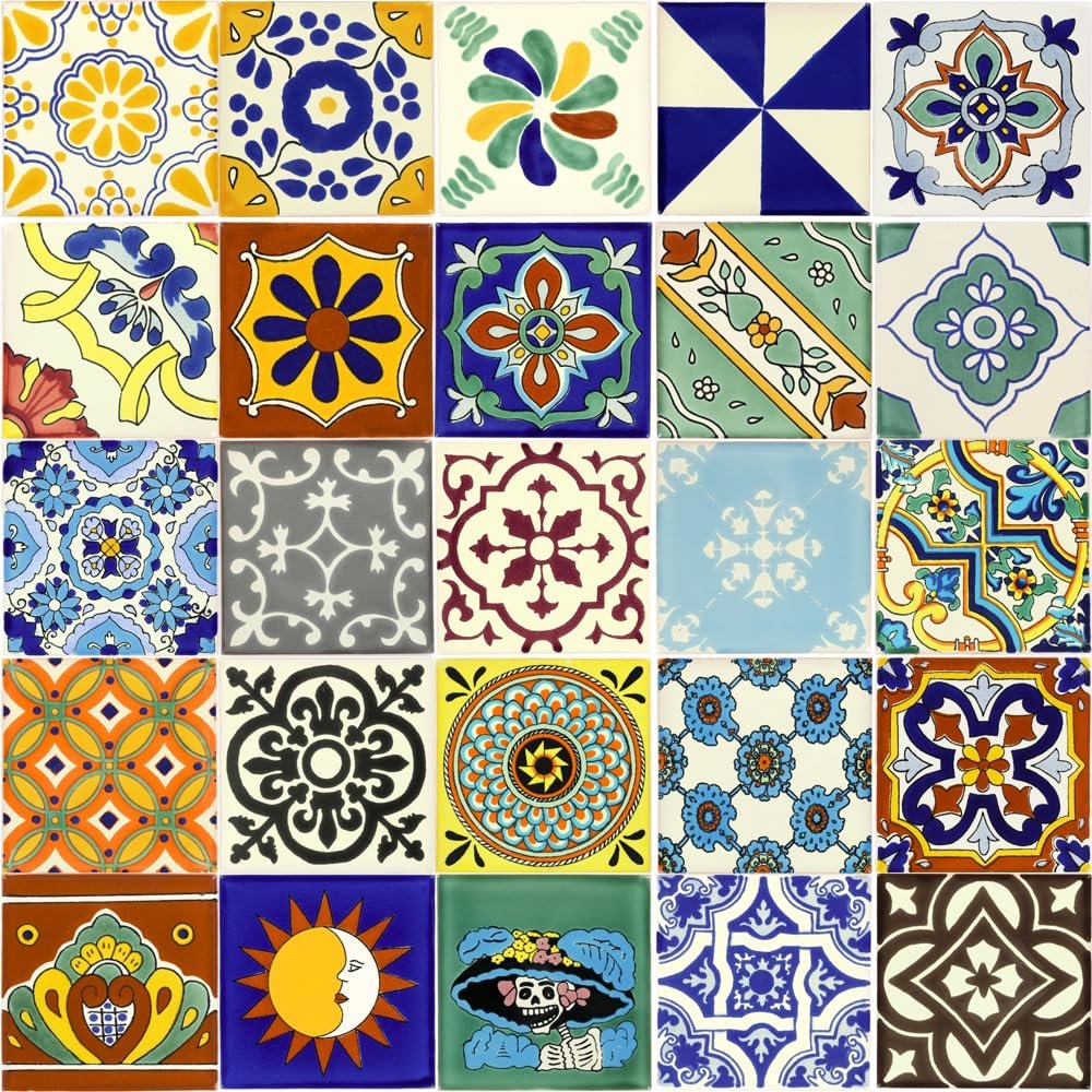 Tile Set of 25 Individual 4 x 4 Mixed Ceramic Talavera Mexican Tiles