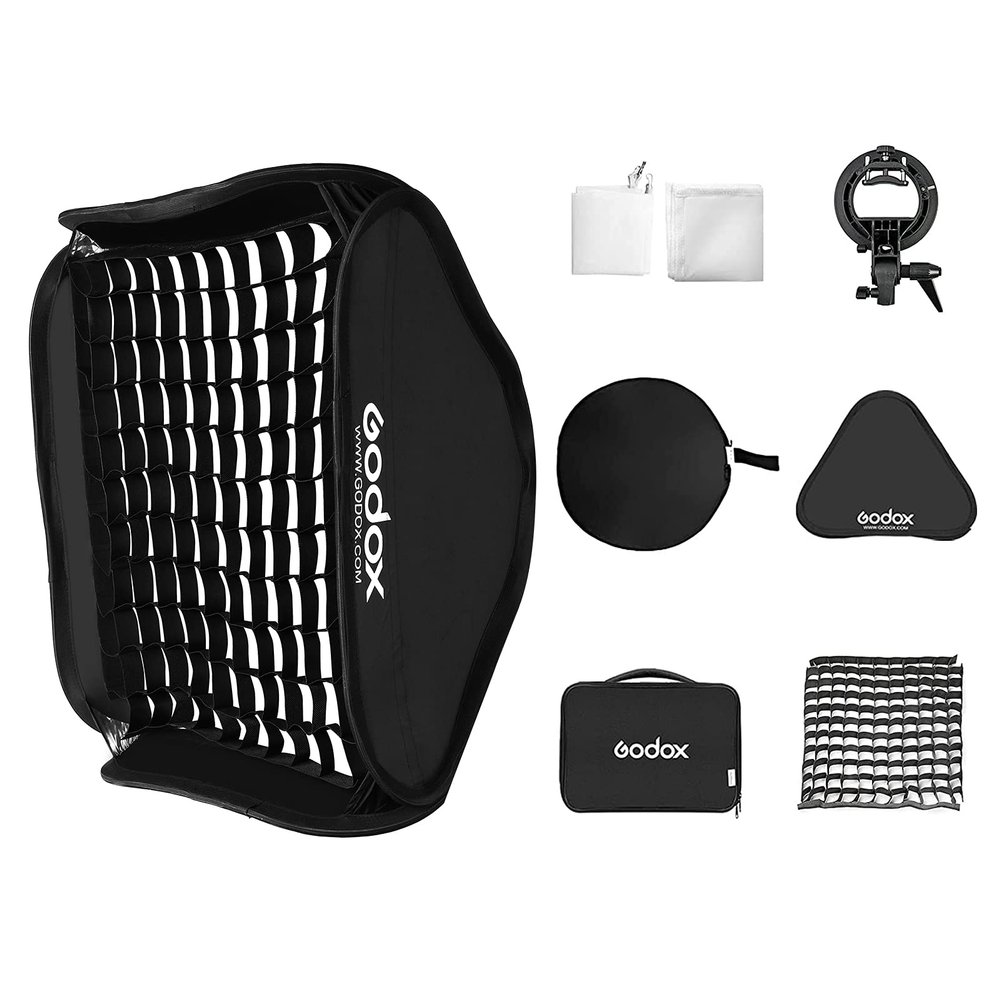 Godox 32"x 32" /80x80cm Foldable Flash Softbox Kit with Grid, S-Type Speedlite Bracket Bowens Mount and Carring Case for Camera Flash Speedlight Studio Portraits,Product Photography,Video Shooting