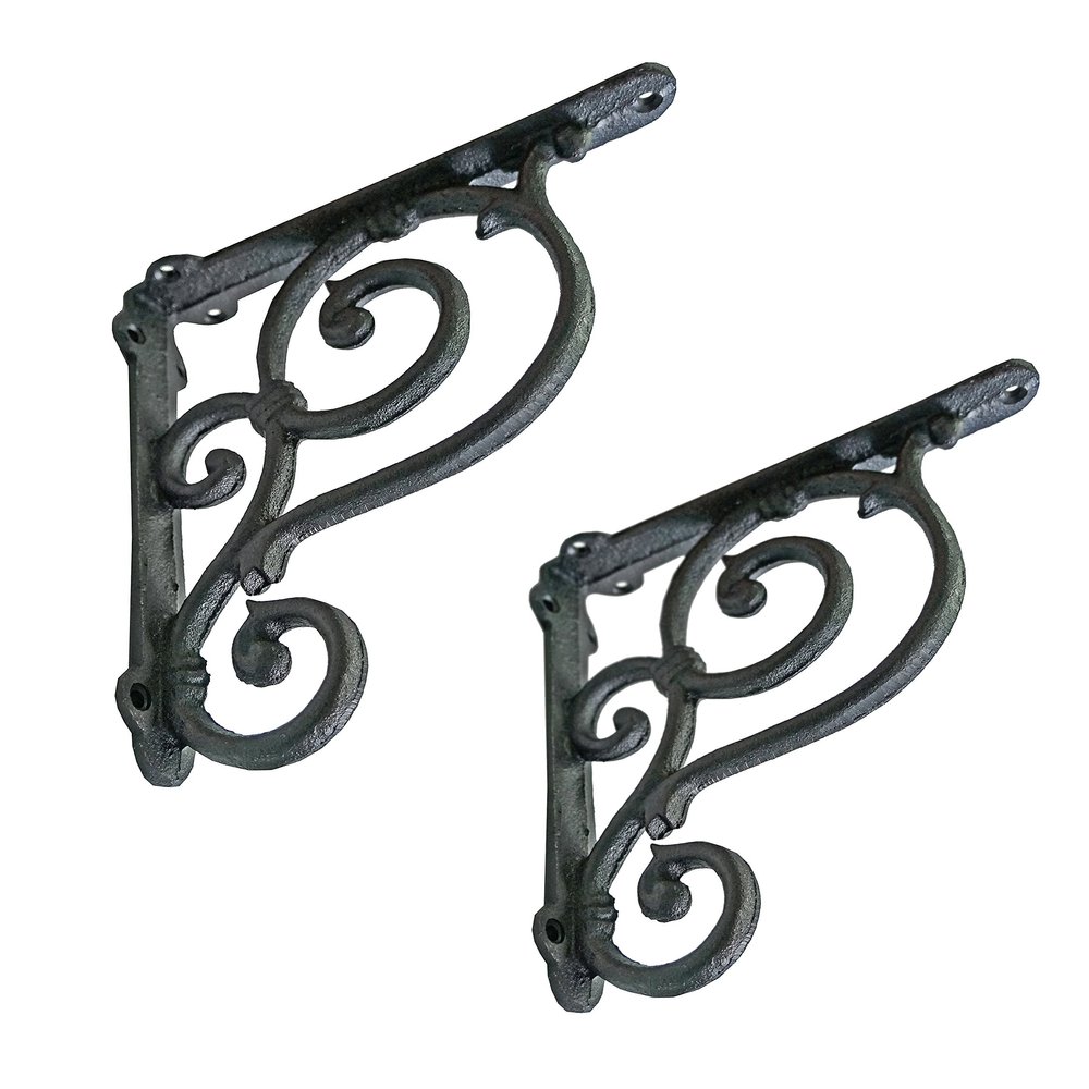 NACH Decorative Shelf Brackets, 2 Pack of 7.5 x 1.5 x 7.5 inch, Black Cast Iron Wall Shelf Brackets - Decorative Bookshelf Brackets - The Scroll Shelf Bracket