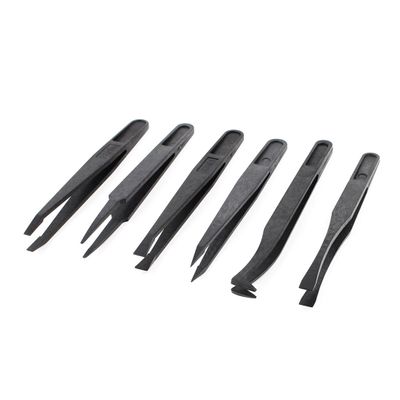 Anti-static Plastic Flat Curved Pointed End Tweezers Set Black 6 in 1