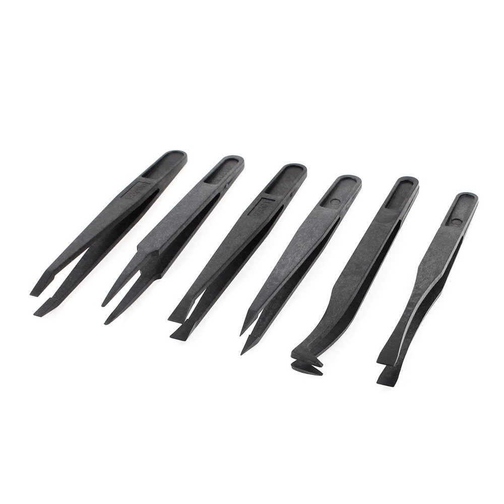 Anti-static Plastic Flat Curved Pointed End Tweezers Set Black 6 in 1