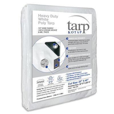Kotap 25 x 40 Ft. Heavy-Duty Protection/Coverage Tarp, Superior Weave for Greater Longevity 8-mil, Multi-Use, Waterproof, White, 1-Pack (TRW-2540)