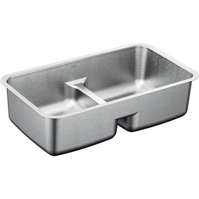 Moen G18252 1800 Series 32" x 18" Steel 18 Gauge Double Bowl Sink Featuring Low-Profile Divide, Stainless