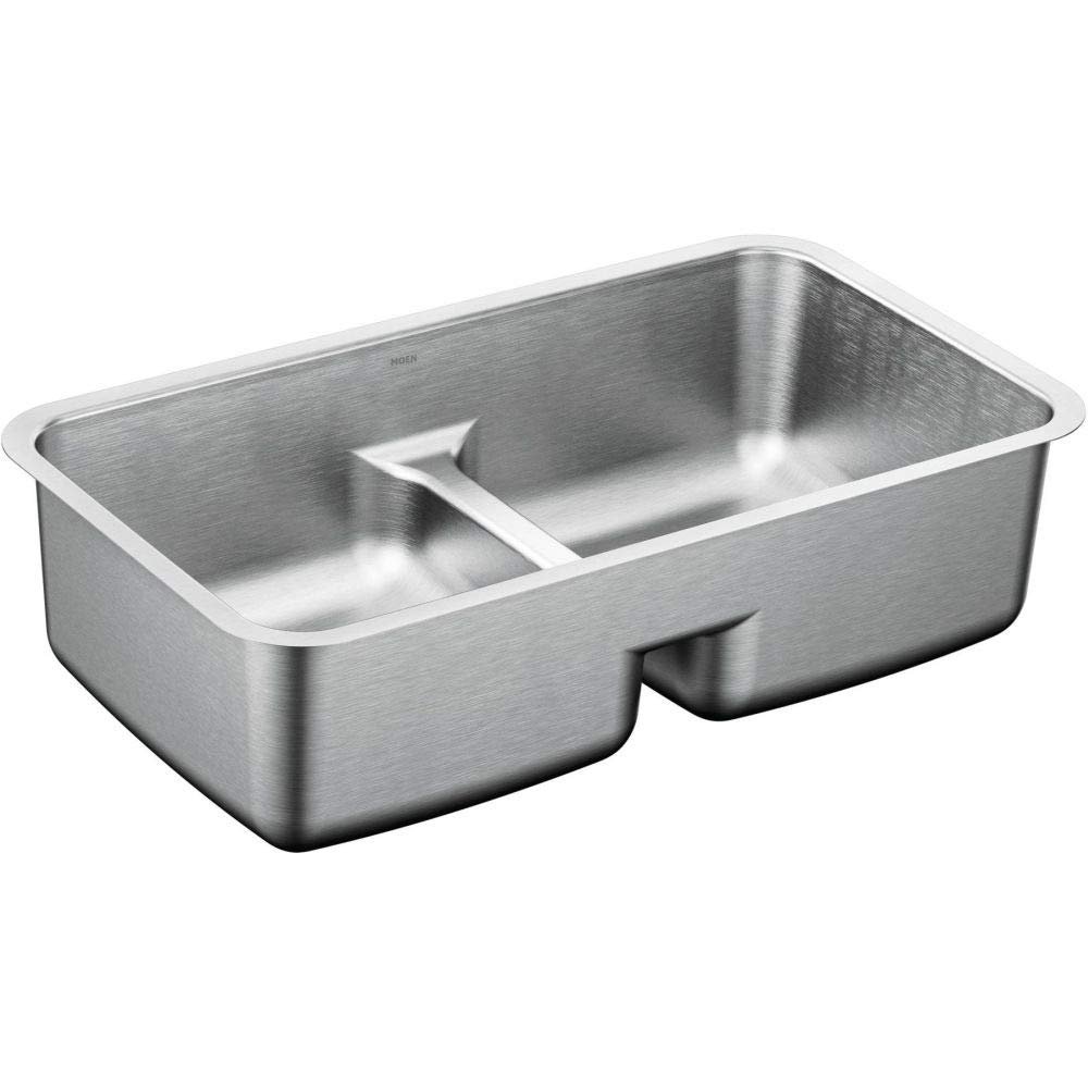 Moen G18252 1800 Series 32" x 18" Steel 18 Gauge Double Bowl Sink Featuring Low-Profile Divide, Stainless