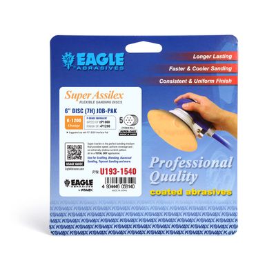 Super Assilex Flexible 6 inch Sanding Discs JOB-PAK, ORANGE K-1200, 7 Holes, Hook & Loop, U193-1540, 5 Discs