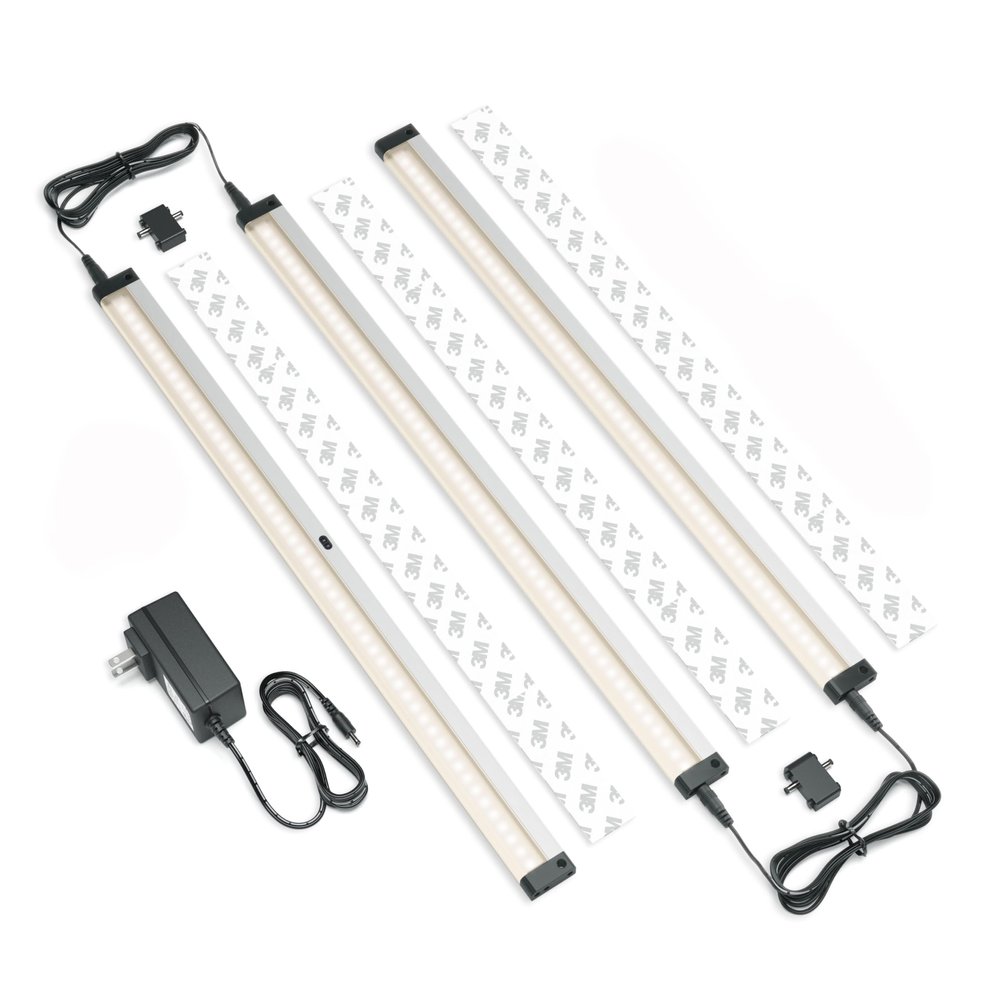 EShine Hand Wave Activated Under Cabinet LED Lighting Kit, Dimmable, 3-Pack 20 in - Touchless Dimming Control, Black Under Counter Lights for Kitchen, Garage, Office, Desk - Warm White (3000K)