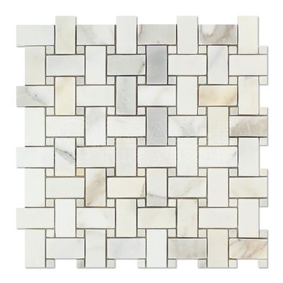 Calacatta Gold (Italian Calcutta) Marble Basketweave Mosaic Tile with Calacatta Gold Marble Dots, Honed