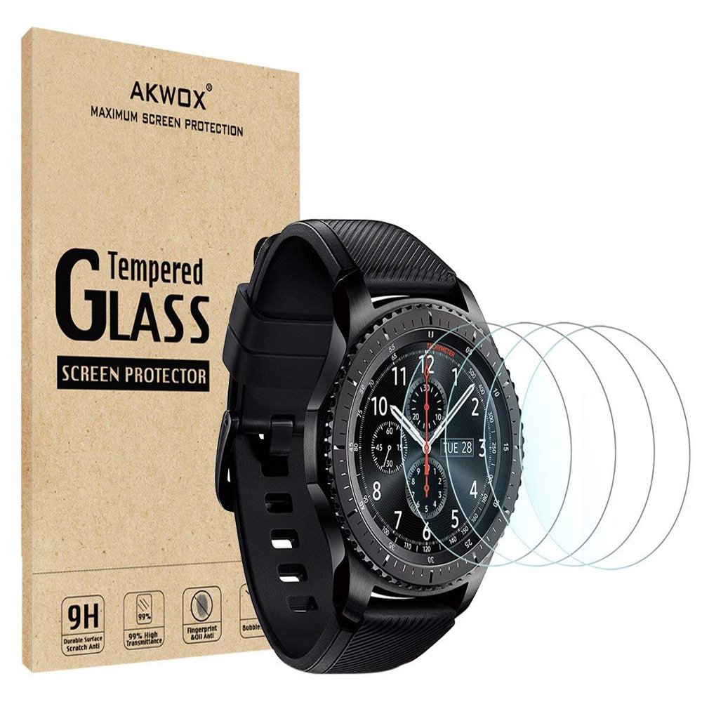 AKWOX ONLY Compatible with SAMSUNG GEAR S3 FRONTIER/CLASSIC Smartwatch 46MM Tempered Glass Screen Protector (4-Pack),[0.3mm 2.5D High Definition 9H] For Screen Protection