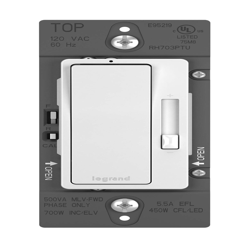 Legrand Radiant RH703PTUW 700W Tru-Universal Preset Decorator Rocker Dimmer Light Switch with Locator Light for All Light Loads (Except 0-10V), Single Pole/3-Way, White (1 Count)