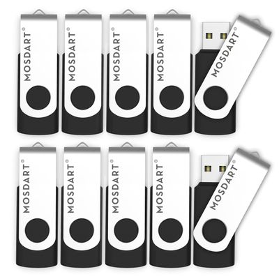 MOSDART USB2.0 128MB(NOT 128GB) Flash Drive, Swivel Design with LED Indicator, Keychain Loop, FAT32 Memory Stick for Data Storage, Black(Pack of 10)