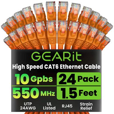 GEARit Cat 6 Ethernet Cable (24-Pack 1.5 Feet) Cat6 Network Patch, 10Gbps, RJ45, Snagless Cord, Gold-Plated Connectors, Internet for PC, TV, Tablet, Router, Printer, Servers, IT Data Center - Orange