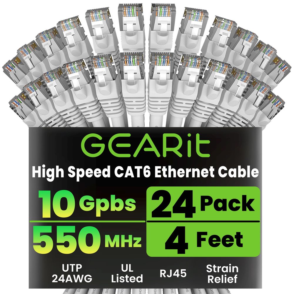 GEARit Cat 6 Ethernet Cable (24-Pack 4 Feet) Cat6 Network Patch, 10Gbps, RJ45, Snagless Cord, Gold-Plated Connectors, Internet for PC, TV, Tablet, Router, Printer, Servers, IT Data Center - White