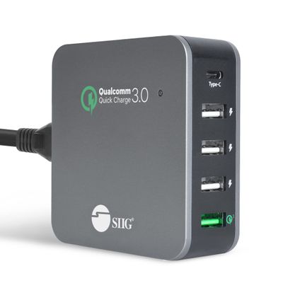 SIIG USB C Charger 5 Port 45W with Quick Charge 3.0, USB Type C & QC 3.0 Desktop Charging Station Plus Phone / Tablet Organizer Stand Black AC-PW1714-S1