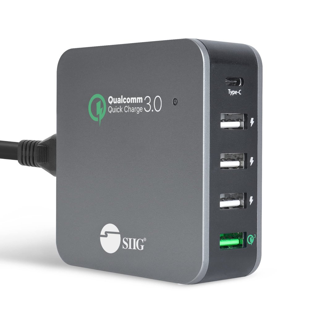 SIIG USB C Charger 5 Port 45W with Quick Charge 3.0, USB Type C & QC 3.0 Desktop Charging Station Plus Phone / Tablet Organizer Stand Black AC-PW1714-S1