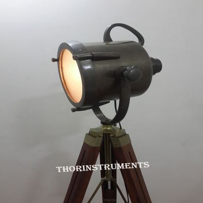 THOR INSTRUMENTS Solid Aluminum Black Antique Finish Spot Light Brown Wood Tripod Stand in Antqiue Brass Finish Rustic Vintage Home Decor Gifts