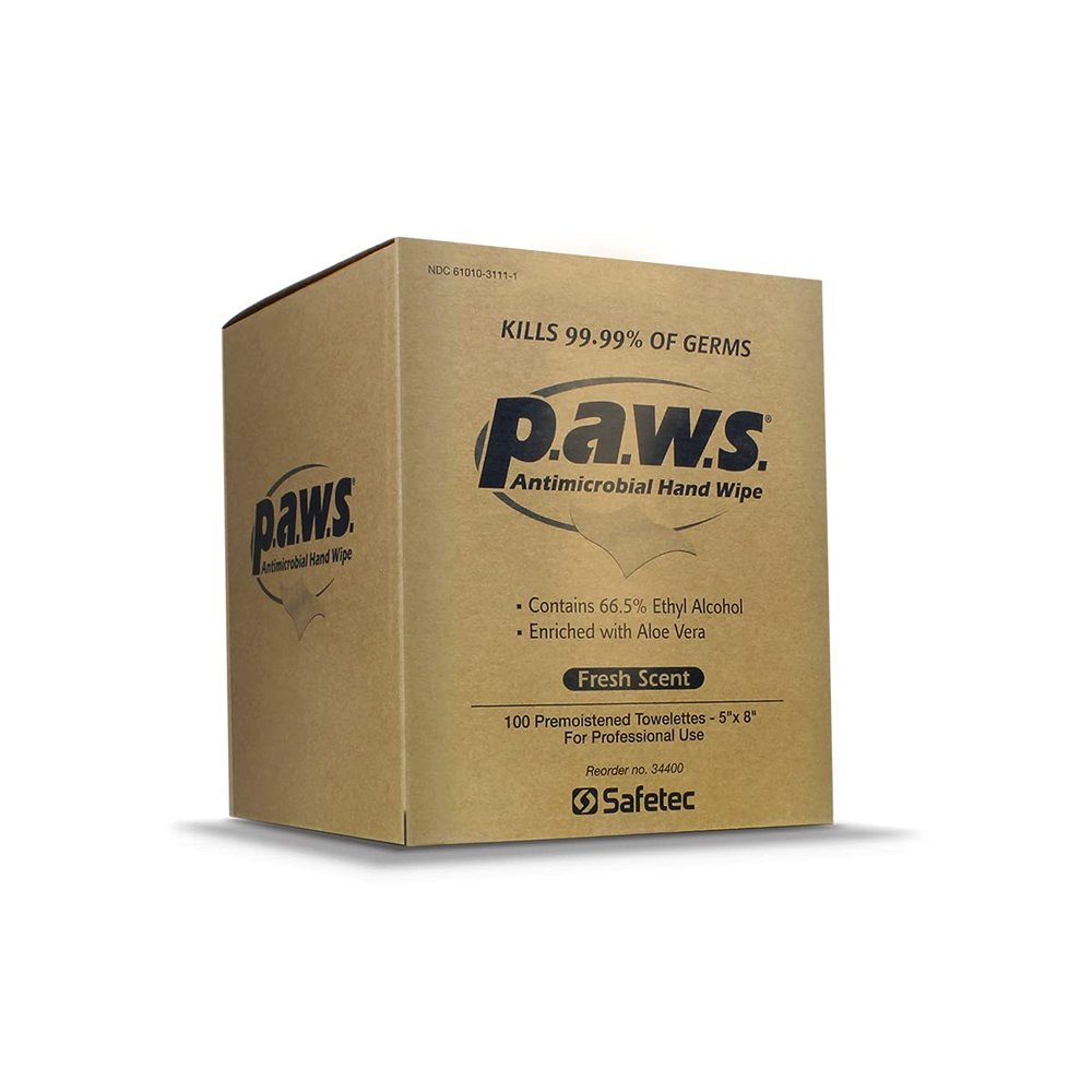 Safetec p.a.w.s. Antimicrobial Hand Wipes, 100 ct. Carton (10 Inner Cartons/Case)