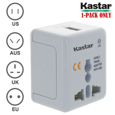 Kastar 1-Pack Safety and Ultra Small Size Universal World-Wide Travel Adapter, with 1000mA USB Charging Port, All-in-one AC Power Plug for USA EU AUS UK (White Color)