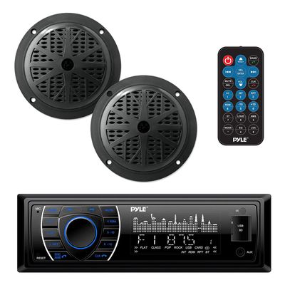 Pyle Marine Headunit Receiver Speaker Kit - In-Dash LCD Digital Stereo Built-in Bluetooth & Microphone w/ AM FM Radio System 5.25 Waterproof Speakers (2) MP3/SD Readers & Remote Control-PLMRKT46BK