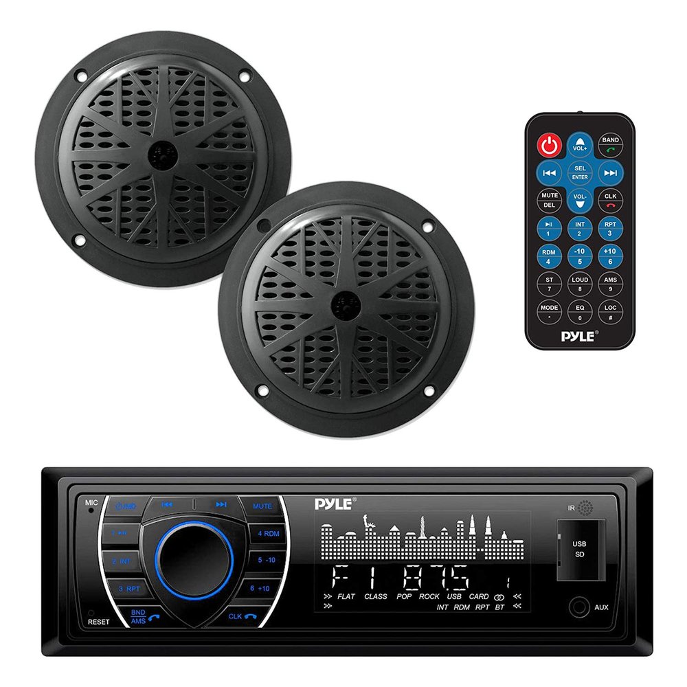 Pyle Marine Headunit Receiver Speaker Kit - In-Dash LCD Digital Stereo Built-in Bluetooth & Microphone w/ AM FM Radio System 5.25 Waterproof Speakers (2) MP3/SD Readers & Remote Control-PLMRKT46BK