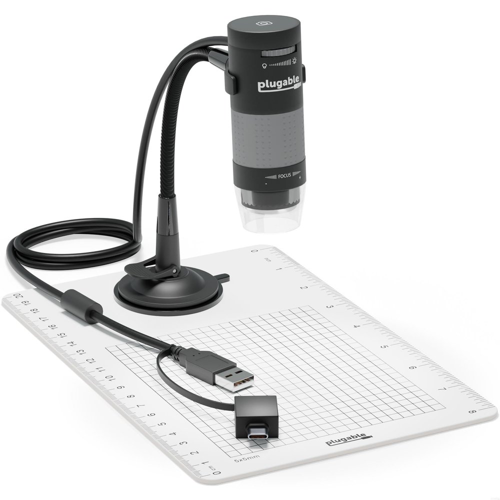 Plugable USB Digital Microscope 250x, 2MP Micro Camera with Flexible Arm Stand - Handheld USB & USB-C Microscope, Windows, Mac, ChromeOS, Linux, Android, iPad Compatible