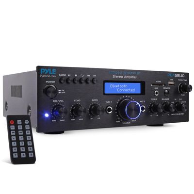 Pyle 200W Audio Stereo Receiver - Wireless Bluetooth Power Amplifier Home Entertainment System w/ AUX in, USB Port, 2 Karaoke Microphone Input, Remote, Black - PDA5BU.0