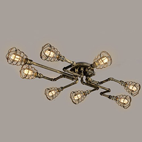 LAKIQ Industrial Vintage Semi Flush Ceiling Light 8 Lights Antique Brass Water Pipe Barn Chandelier Lighting Fixture with Metal Cage for Living Room Bedroom Bar Restaurant
