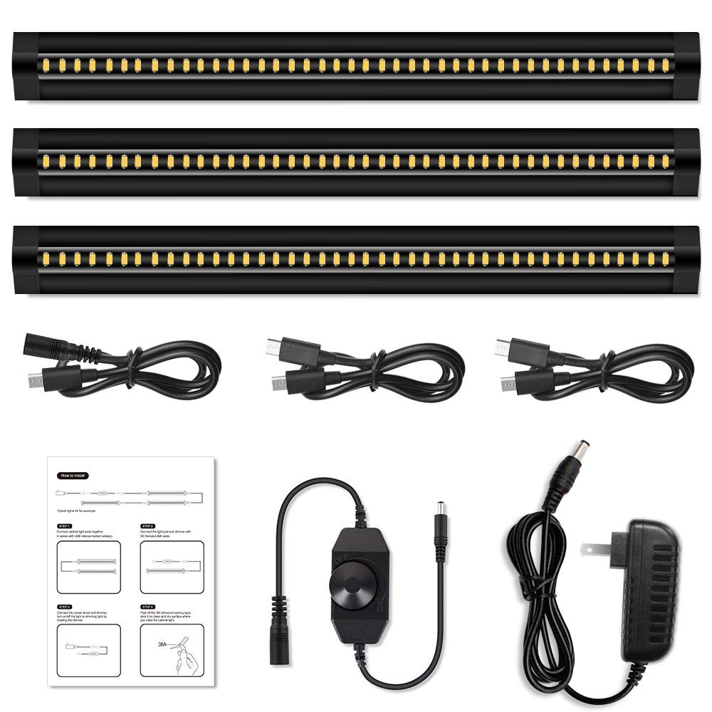 inShareplus LED Under Cabinet Lighting, 13 inch Dimmable, Warm White 3500K, CRI90+, 450Lumens, DC 12V Ultra Thin Under Counter Kitchen Lighting for Kitchen, Shelf, Cupboard, Black, 3 Pack