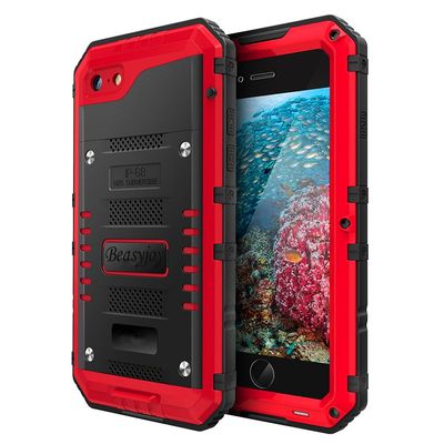 Beasyjoy for iPhone SE 2022/2020/ 8/7 Metal Case, Waterproof Heavy Duty Case with Screen Protector, Full Body Protection Military Grade Shockproof Defender Durable Sturdy Rugged Aluminum Case, Red