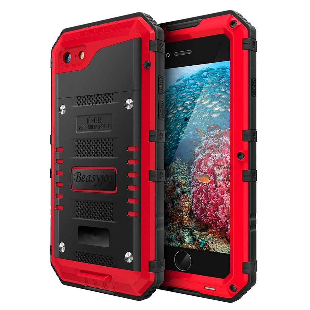 Beasyjoy for iPhone SE 2022/2020/ 8/7 Metal Case, Waterproof Heavy Duty Case with Screen Protector, Full Body Protection Military Grade Shockproof Defender Durable Sturdy Rugged Aluminum Case, Red