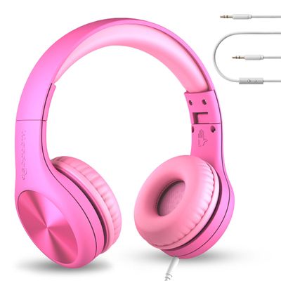 LilGadgets Connect+ Pro Wired Kids Headphones for School with Microphone, Volume Limiting Over-Ear Headset with Cord, SharePort Technology & SoftTouch Padding, Pink