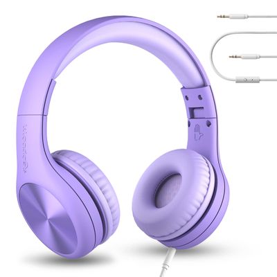 LilGadgets Connect+ Pro Wired Kids Headphones for School with Microphone, Volume Limiting Over-Ear Headset with Cord, SharePort Technology & SoftTouch Padding, Purple