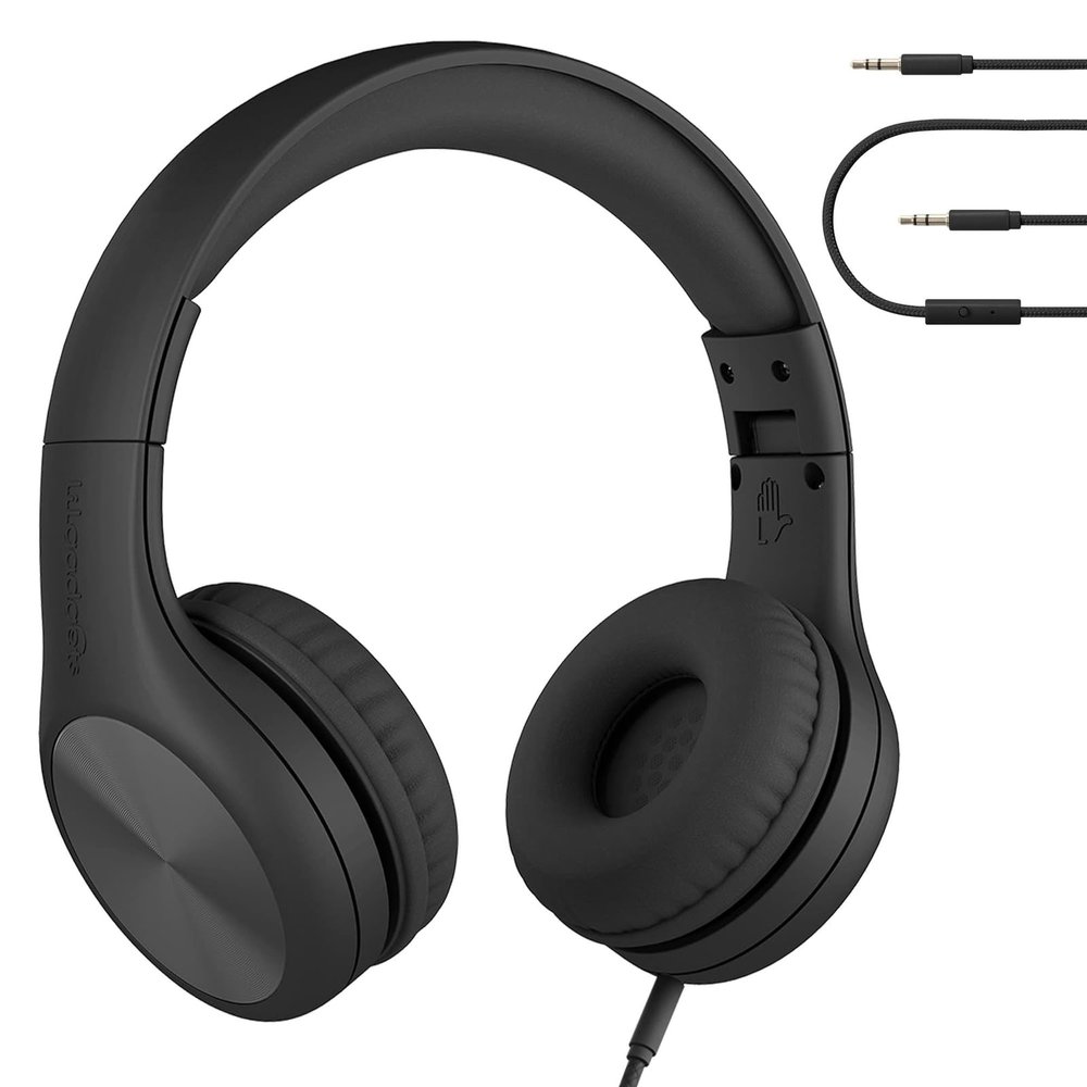 LilGadgets Connect+ Pro Wired Kids Headphones for School with Microphone, Volume Limiting Over-Ear Headset with Cord, SharePort Technology & SoftTouch Padding, Black