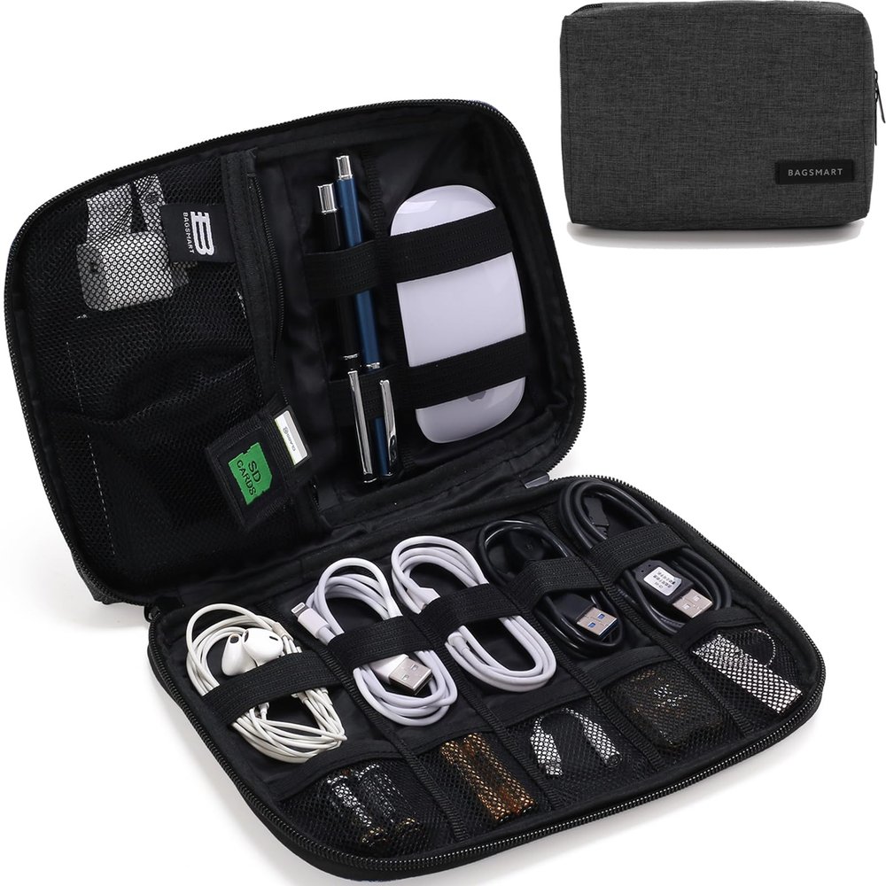 BAGSMART Electronics Organizer Travel Case, Small Cord Bag for Travel Essentials, Tech bag for Men Women, Cable Organizer for Phone, SD Card, Black