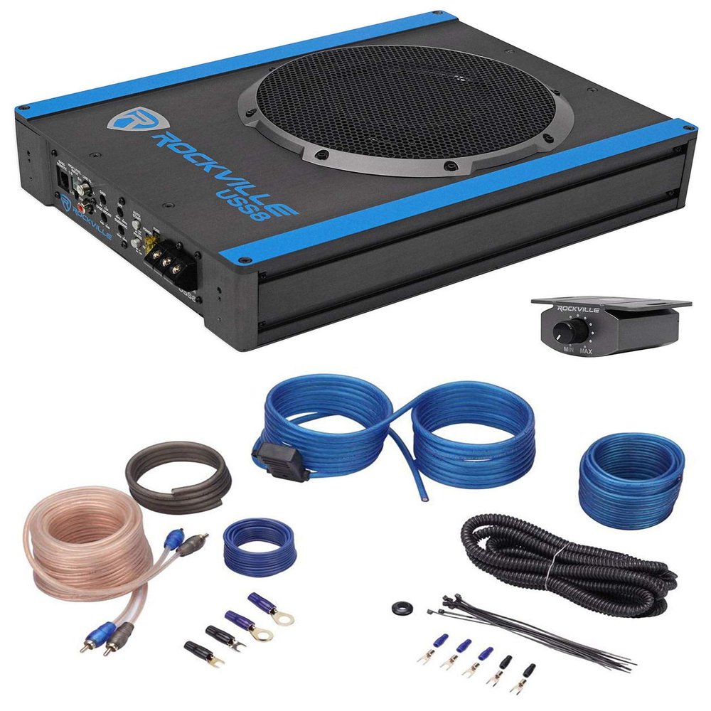 Rockville USS8 8" Slim Powered Car/Truck Subwoofer with RWK10 Wire Kit