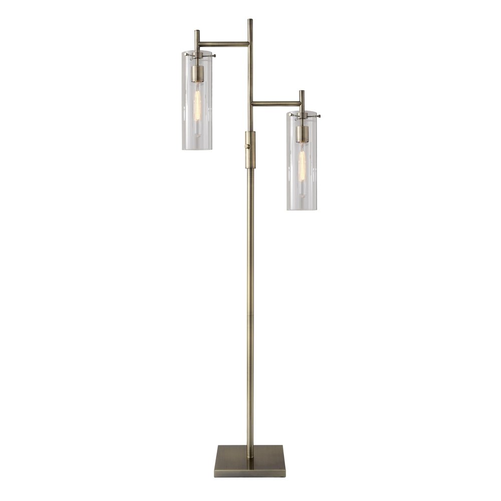 Adesso Floor Lamp with Antique Brass Finish and Clear Glass Cylinder Shades Modern Industrial Accent Lighting for Living Room or Bedroom, Home Decor, 64.25" Tall