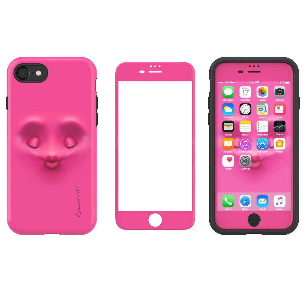 LUVVITT [Emoji Armor Case and Tempered Glass Set for iPhone 7 Plus/iPhone 8 Plus - Bundle Pink