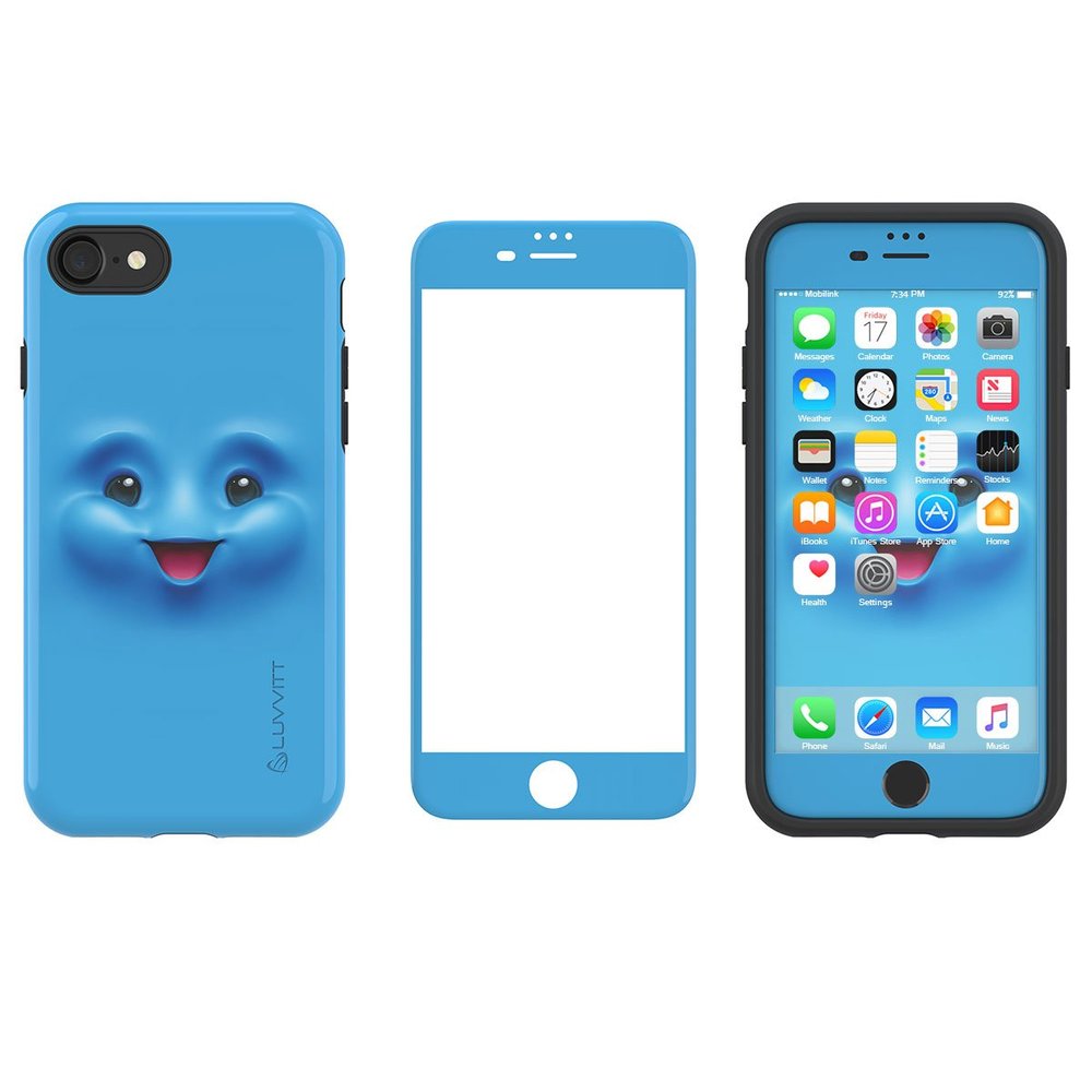 LUVVITT [Emoji Armor Case and Tempered Glass Set for iPhone 7 Plus/iPhone 8 Plus - Bundle Blue