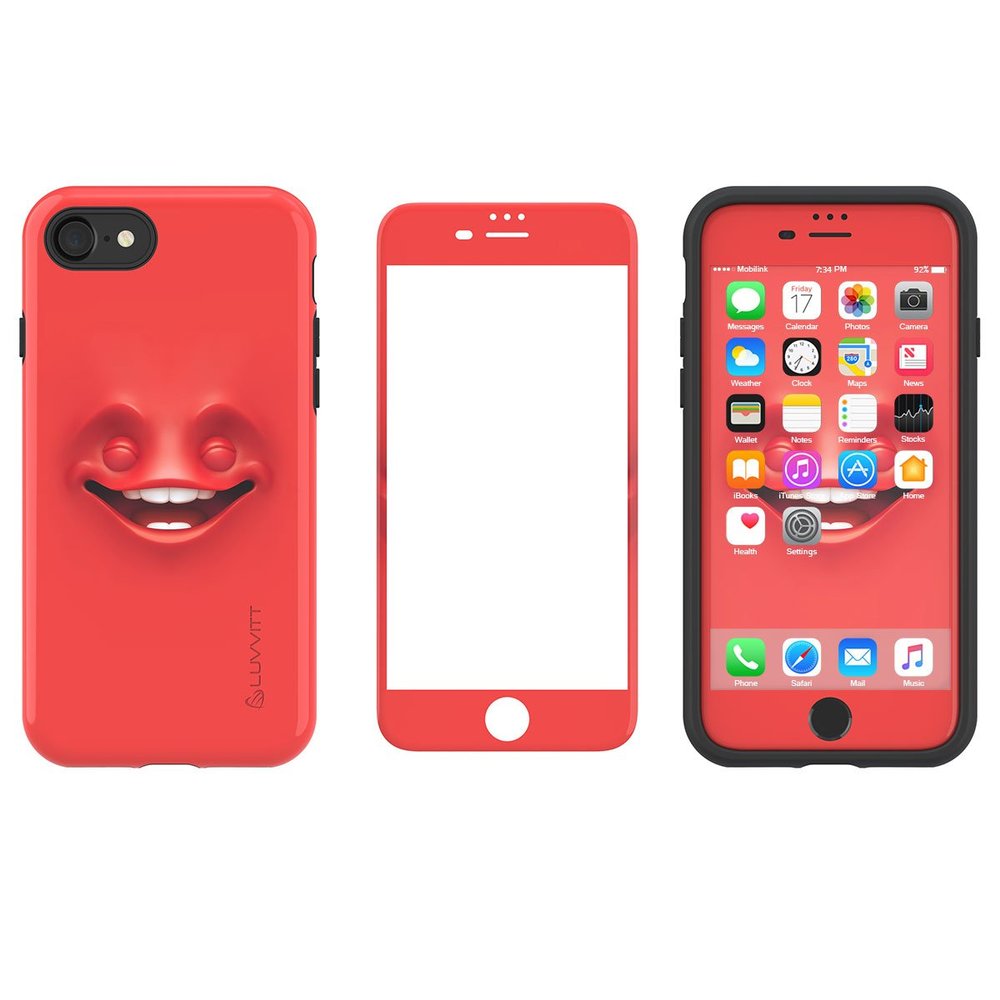 LUVVITT [Emoji Armor Case and Tempered Glass Set for iPhone 7 Plus/iPhone 8 Plus - Bundle Red