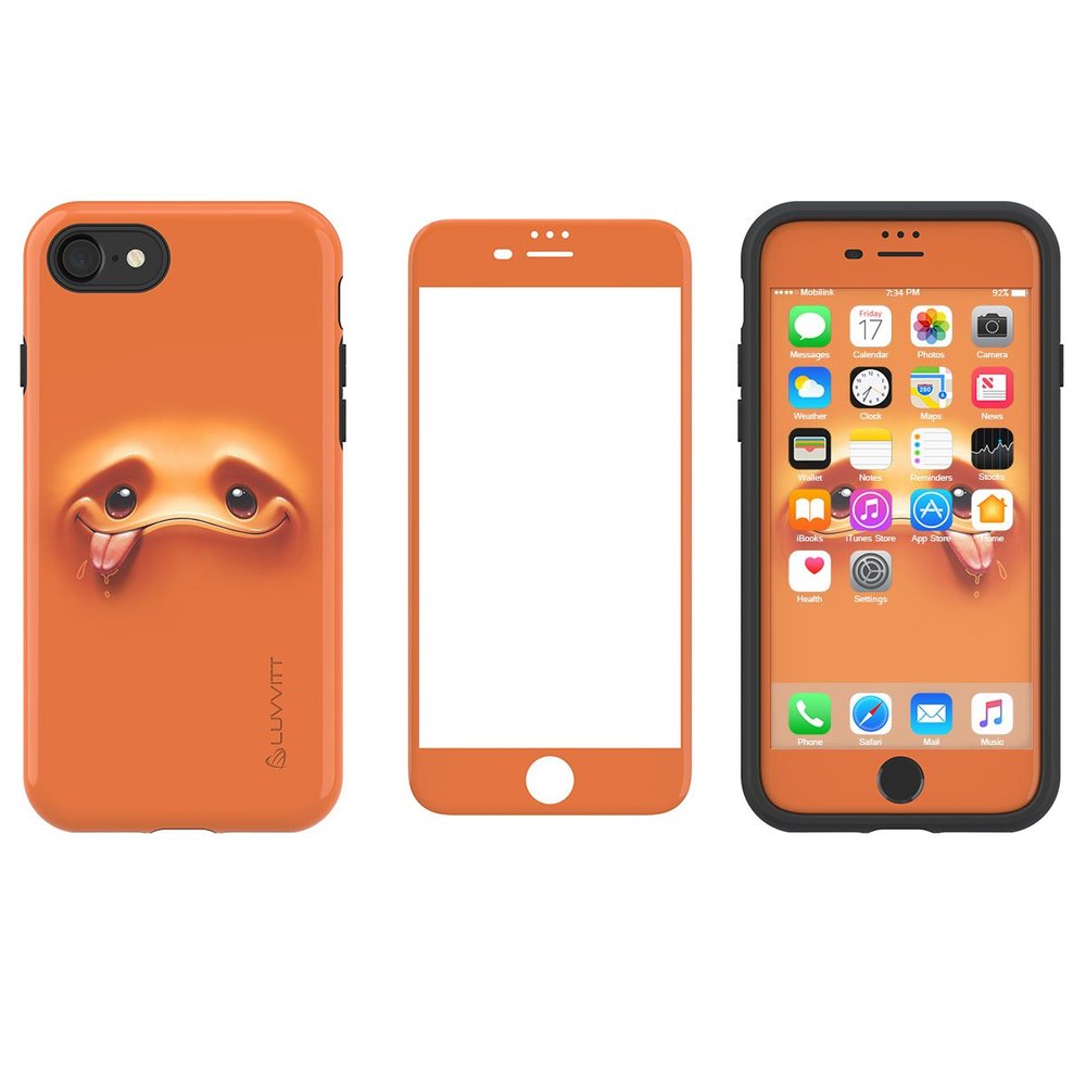 LUVVITT [Emoji Armor Case and Tempered Glass Set for iPhone 7 Plus/iPhone 8 Plus - Bundle Orange