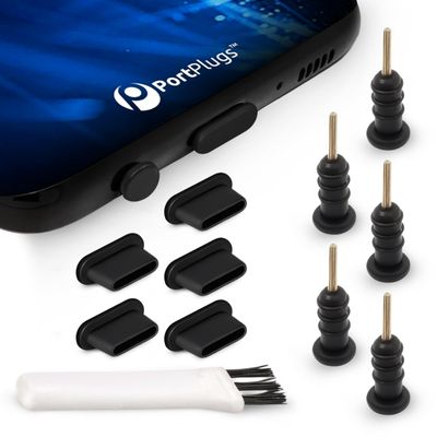 PortPlugs USB-C Dust Plugs for Galaxy S10/S9/S8, A72, A52, M51 & Other USB-C Devices with Headphone Jacks  Anti-Dust Covers with SIM Tool & Cleaning Brush | Black (5-Pairs)