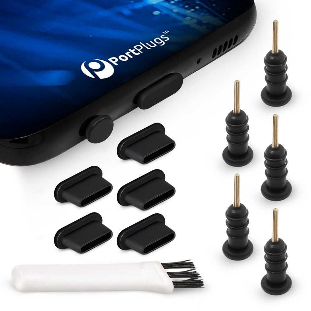 PortPlugs USB-C Dust Plugs for Galaxy S10/S9/S8, A72, A52, M51 & Other USB-C Devices with Headphone Jacks  Anti-Dust Covers with SIM Tool & Cleaning Brush | Black (5-Pairs)