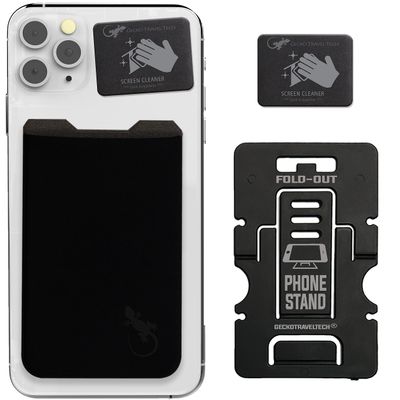 Gecko Travel Tech Phone Wallet - Stick On Card Holder Wallet for Cell Phones - Adhesive Card Pocket for Credit Cards and Money - Sticker for Cases - Phone Stand - BLACK BLACK