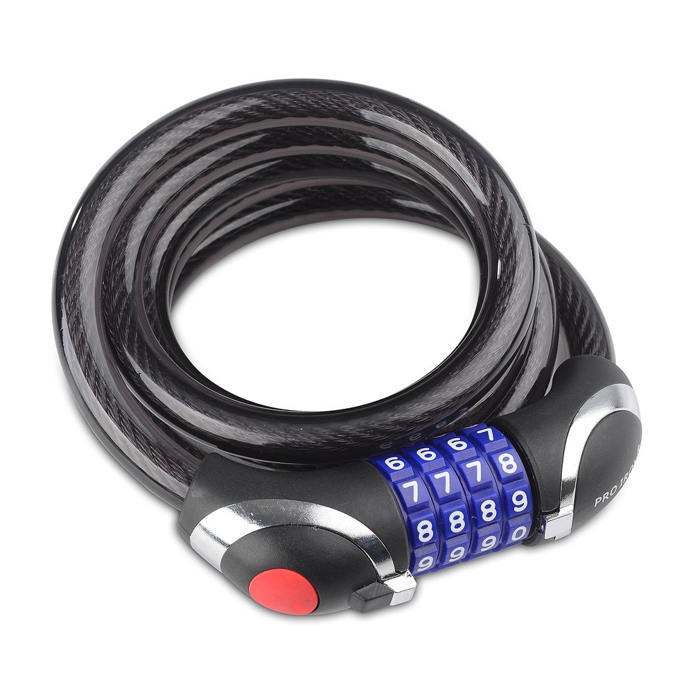 Pro Iron 5Foot Braided Steel Bike & Motorcycle Lock 4-Digit Combination, LED Light, Heavy Duty, Anti-Pick & Drill, Easy Peel/Use