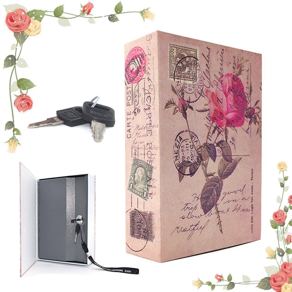 EIOUMAX Pink Rose Book Safe Lock Box with 2 Keys, Metal Hidden Storage Secret Compartment for Cash and Jewelry, Diversion Fake Cover for Home, Travel, and Bookshelf Decor