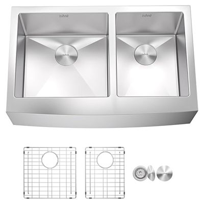 Zuhn Turin 33-Inch Farmhouse Kitchen Sink, Double Bowl 16 Gauge T304 Stainless Steel, Satin Finish, DualPro Sound Guard, 32.9 x 20.8 x 10 in