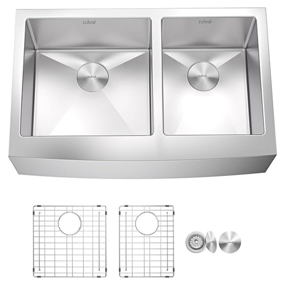 Zuhn Turin 33-Inch Farmhouse Kitchen Sink, Double Bowl 16 Gauge T304 Stainless Steel, Satin Finish, DualPro Sound Guard, 32.9 x 20.8 x 10 in