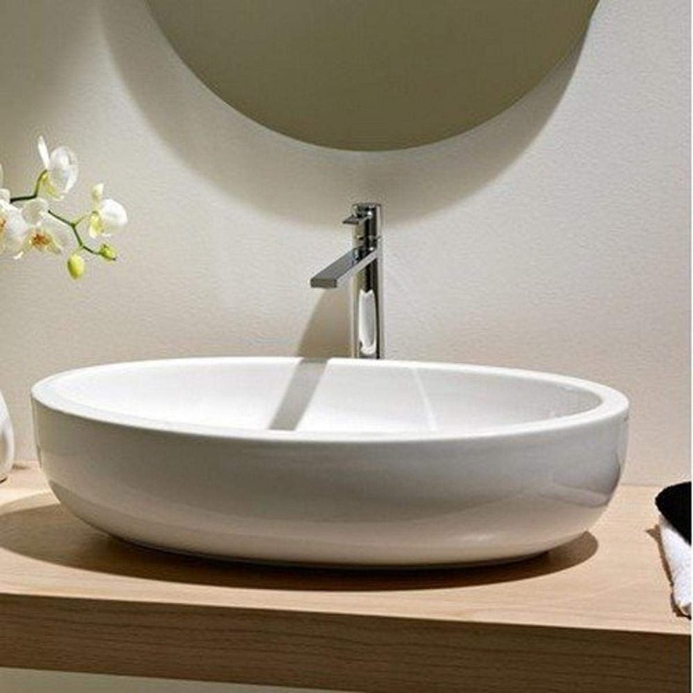 Scarabeo 8111-No Hole Planet Oval Shaped Ceramic Vessel Bathroom Sink, White